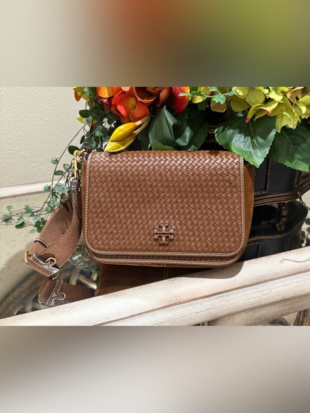 Tory Burch Brown Woven Leather Crossbody with Logo